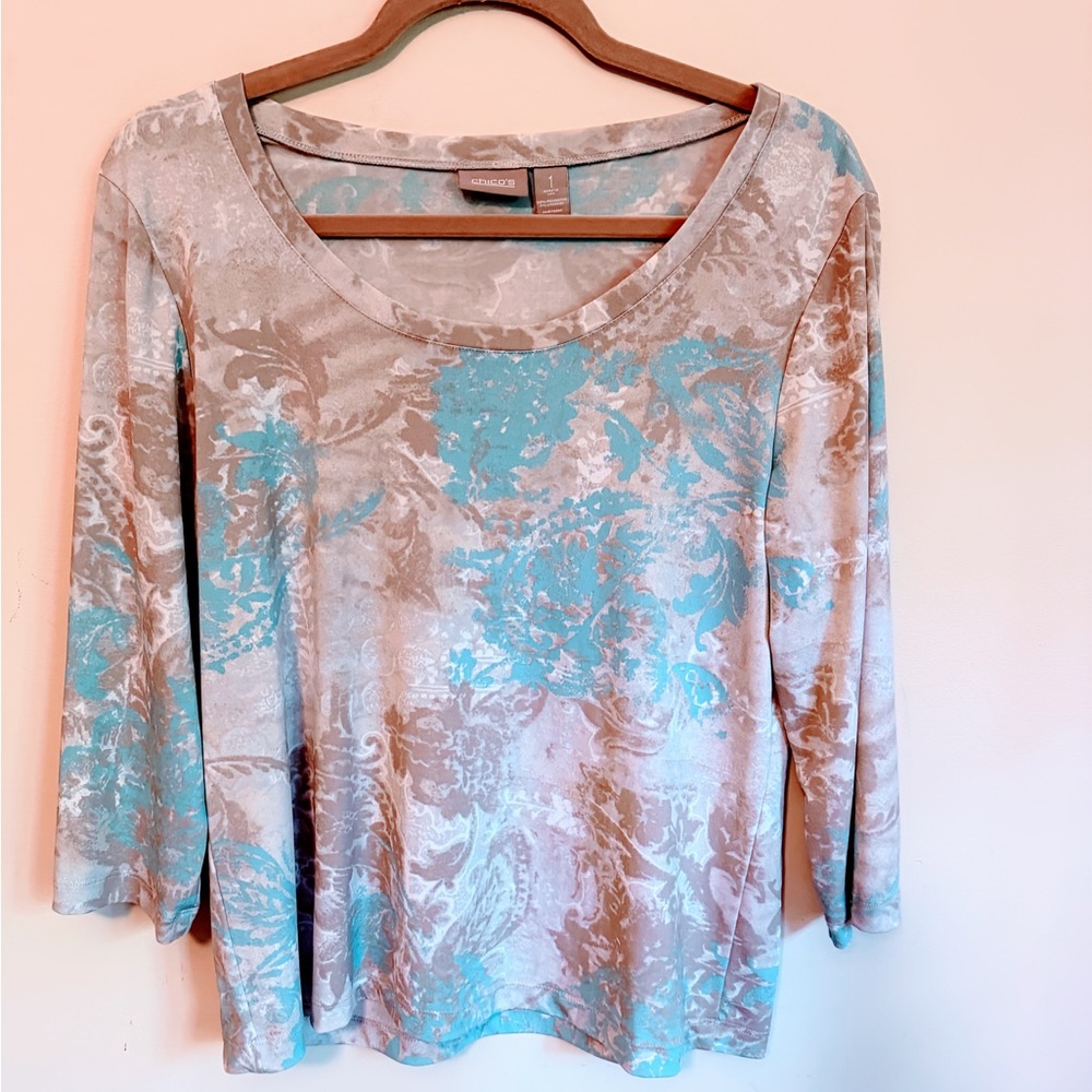 Chico's Women's Floral Top - Blue and Tan.